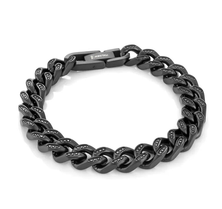 SMB396 ITALGEM  STAINLESS STEEL MATTE BLACK PLATED 9.4MM CURB LINK CUBIC ZIRCONIA MENS BRACELET