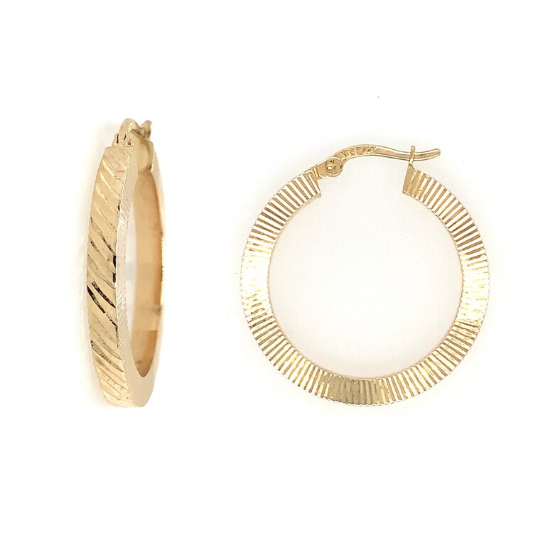30033 14K YELLOW GOLD RIDGED DIAMOND  CUT HOOPS