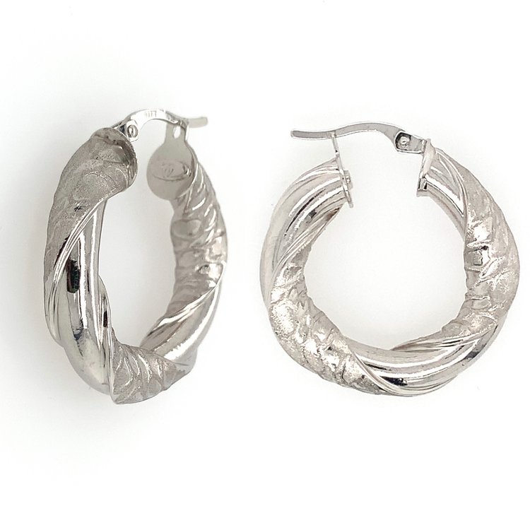 30500 14K WHITE GOLD TWISTED HIGH POLISH AND SNAKE SKIN PATTERN HOOPS