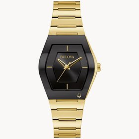 BULOVA GEMINI BLACK DIAL GOLD TONE LADIES WATCH