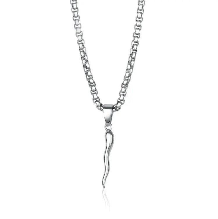 ITALGEM SP93 STAINLESS STEEL ITALGEM POLISHED ROUND BOX MEDIUM ITALIAN HORN PENDANT NECKLACE