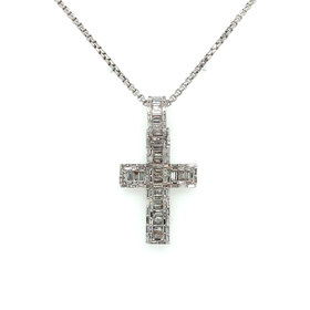 70307 14K WHITE GOLD BAGUETTE 2TCW DIAMOND CHANNEL SET HALO SQUARE EDGES CROSS PENDANT SET