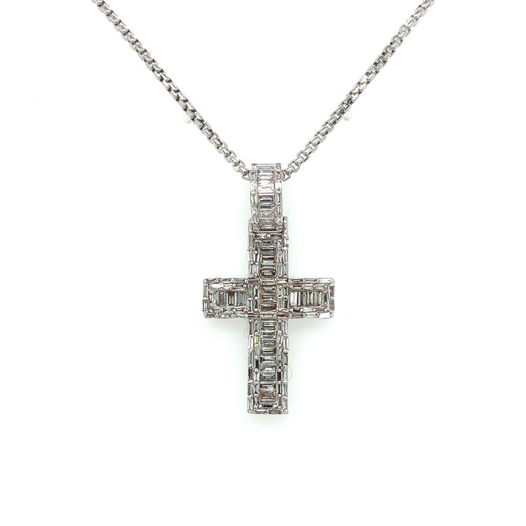 70307 14K WHITE GOLD BAGUETTE 2TCW DIAMOND CHANNEL SET HALO SQUARE EDGES CROSS PENDANT SET
