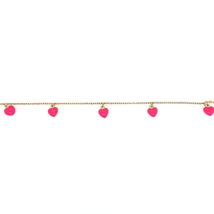 20195 14K YELLOW GOLD CABLE 7” BRACELET WITH PINK PUFFED HANGING HEARTS