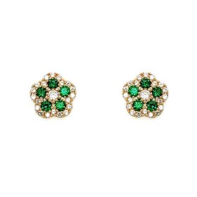 30815 14K YELLOW GOLD GREEN AND WHITE CUBIC ZIRCONIA HALO FLOWER SCREWBACKS 6MM
