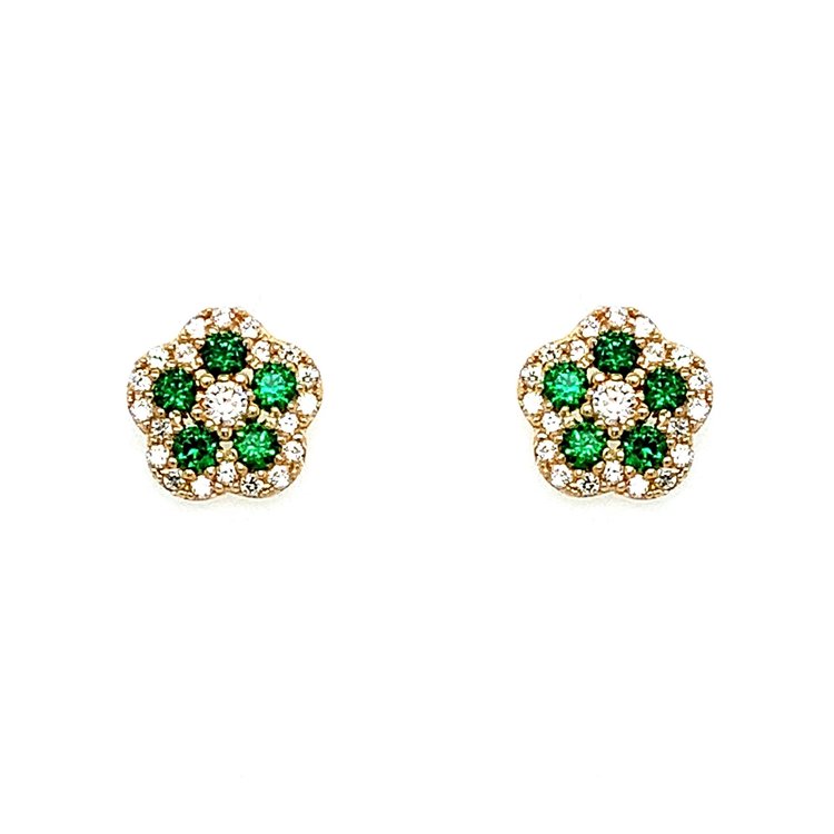 30815 14K YELLOW GOLD GREEN AND WHITE CUBIC ZIRCONIA HALO FLOWER SCREWBACKS 6MM