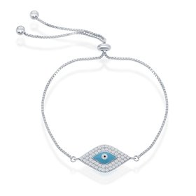 T-7262 STERLING SILVER BOX LINK WITH CUBIC ZIRCONIA BLUE EVIL EYE CENTER BOLO BRACELET