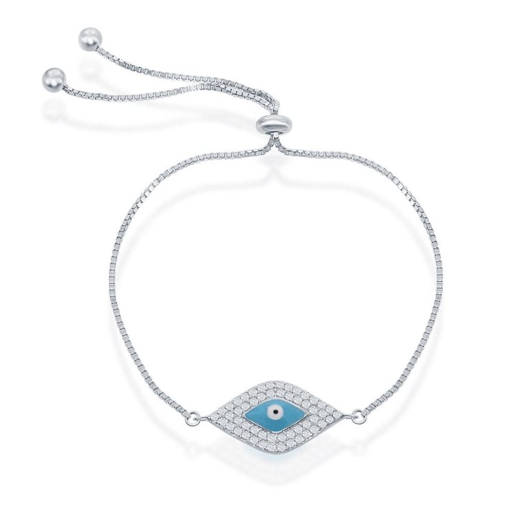 T-7262 STERLING SILVER BOX LINK WITH CUBIC ZIRCONIA BLUE EVIL EYE CENTER BOLO BRACELET