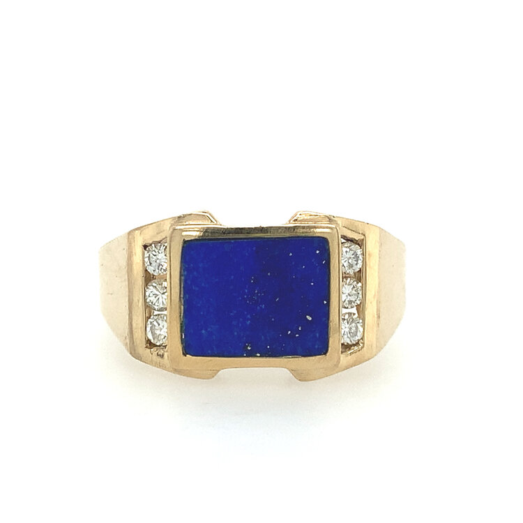 45044 14K YELLOW GOLD RECTANGLE  LAPIS STONE .24TCW DIAMOND MENS RING