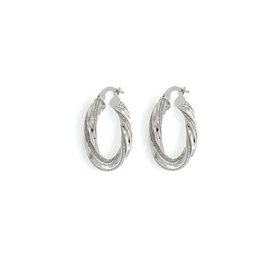 30838 14K WHITE GOLD TWISTED 3.25MM HIGH POLISHED AND DIAMOND GLITTER TWISTED HOOPS