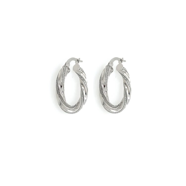 30838 14K WHITE GOLD TWISTED 3.25MM HIGH POLISHED AND DIAMOND GLITTER TWISTED HOOPS