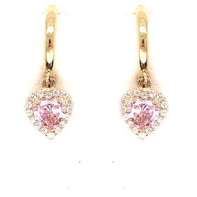 30808 14K YELLOW GOLD PINK WITH CUBIC ZIRCONIA HALO HANGING HEARTS ON HUGGIES