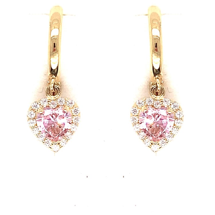 30808 14K YELLOW GOLD PINK WITH CUBIC ZIRCONIA HALO HANGING HEARTS ON HUGGIES
