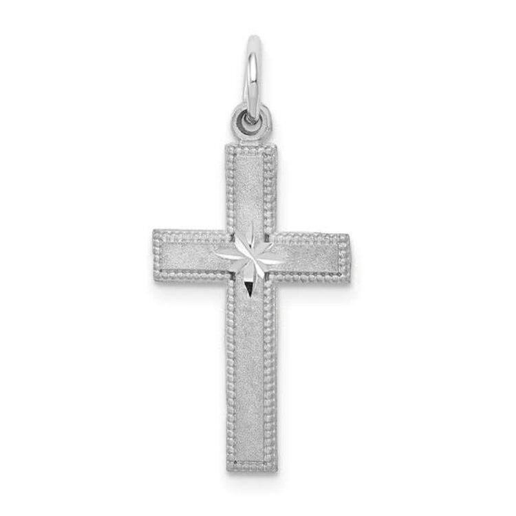 77238 14K WHITE GOLD LASER FINISH STARBURST CENTER BEADED EDGES CROSS