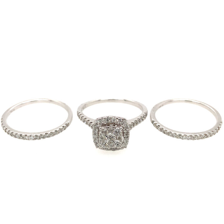 40248 10K WHITE GOLD 1TCW DIAMOND CLUSTER. CENTER WITH SQUARE HALO AND TWO MATCHING DIAMOND BANDS