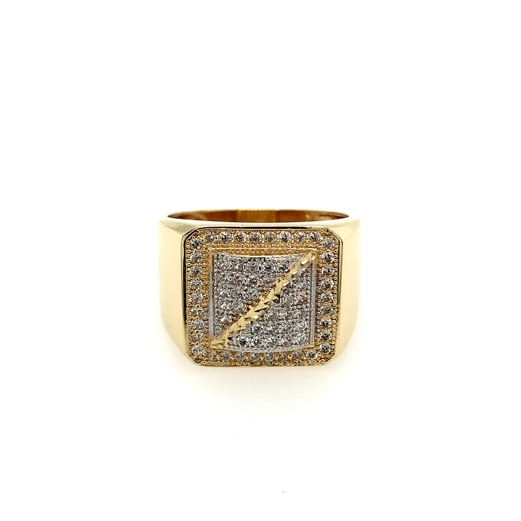 45045 10K YELLOW GOLD SQUARE WITH DIAMOND CUT STRIPE DOWN CENTER OF SQUARE CUBIC ZIRCONIA MENS RING
