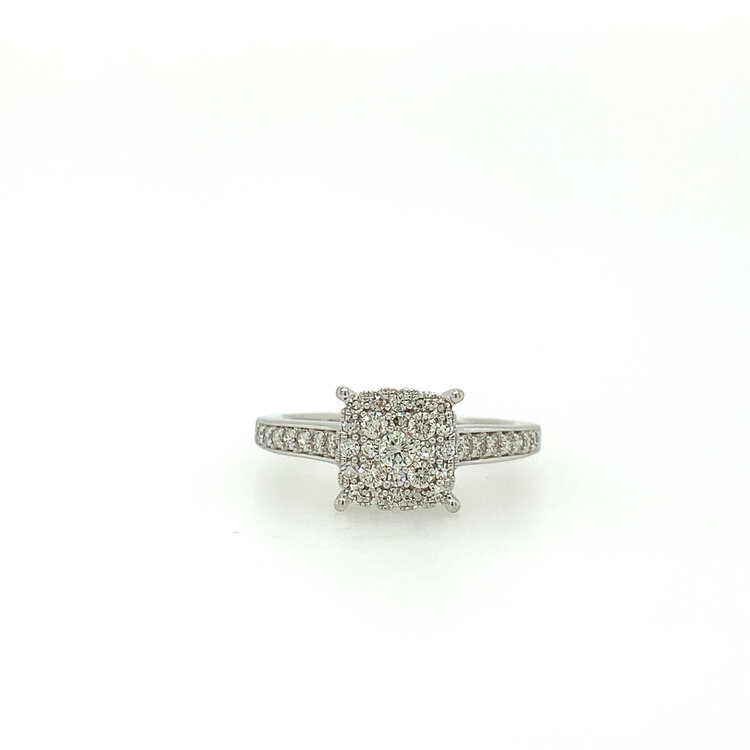40238 10K WHITE GOLD .50TCW SQUARE TOP CLUSTER WITH SQUARE HALO AND DIAMOND SIDED RING