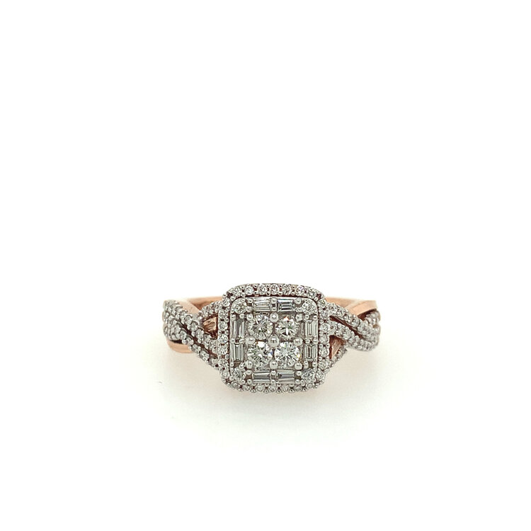 40235 10K ROSE GOLD .62.5TCW DIAMOND SQUARE TOP CLUSTER WITH DOUBLE DIAMOND TWIST SHANK RING