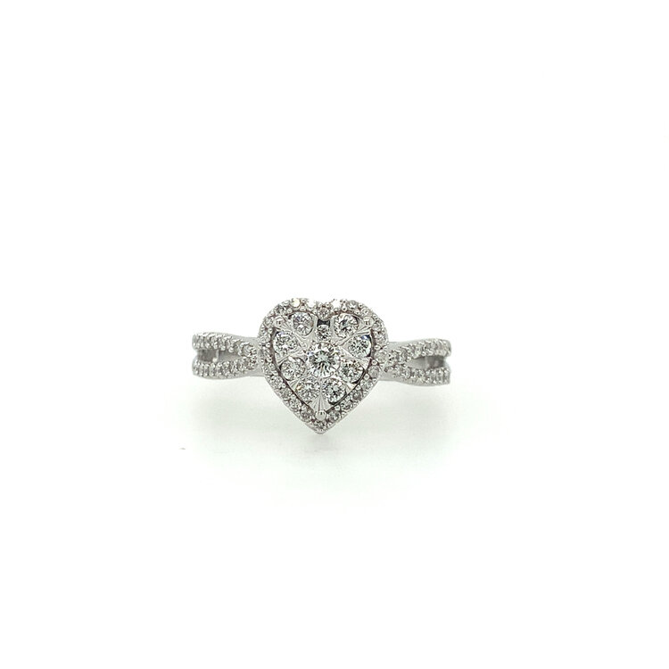 40233 10K WHITE GOLD .50TCW HEART RING WITH HALO AND SPLIT SHANK