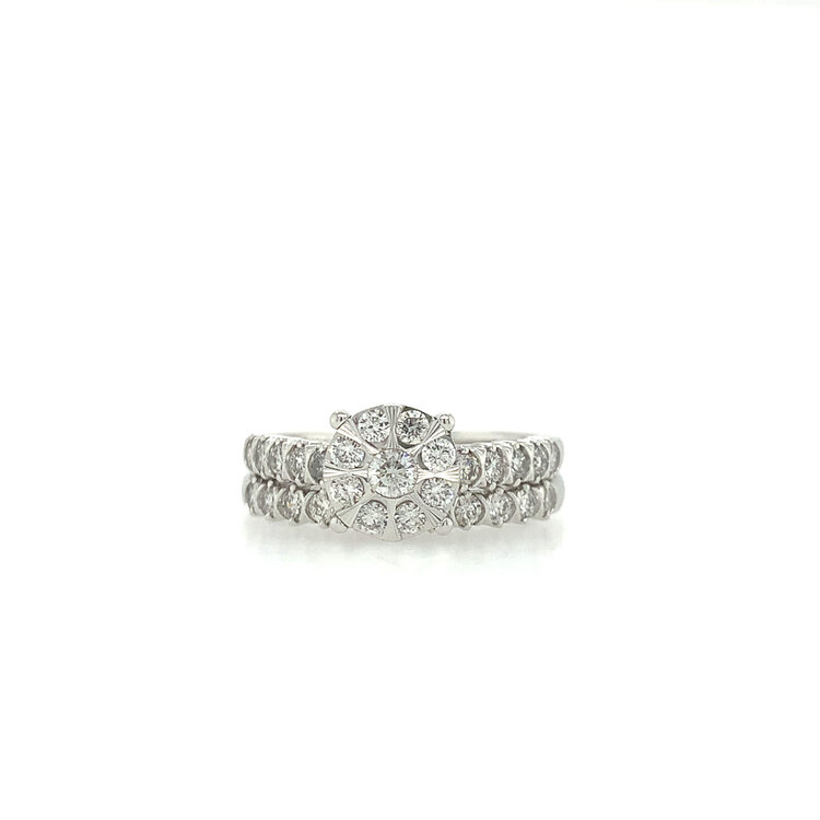 40276 10K WHITE GOLD 1TCW DIAMOND ROUND CLUSTER MIRACLE SET WITH SHARED PRONG SETTING AND MATCHING DIAMOND BAND