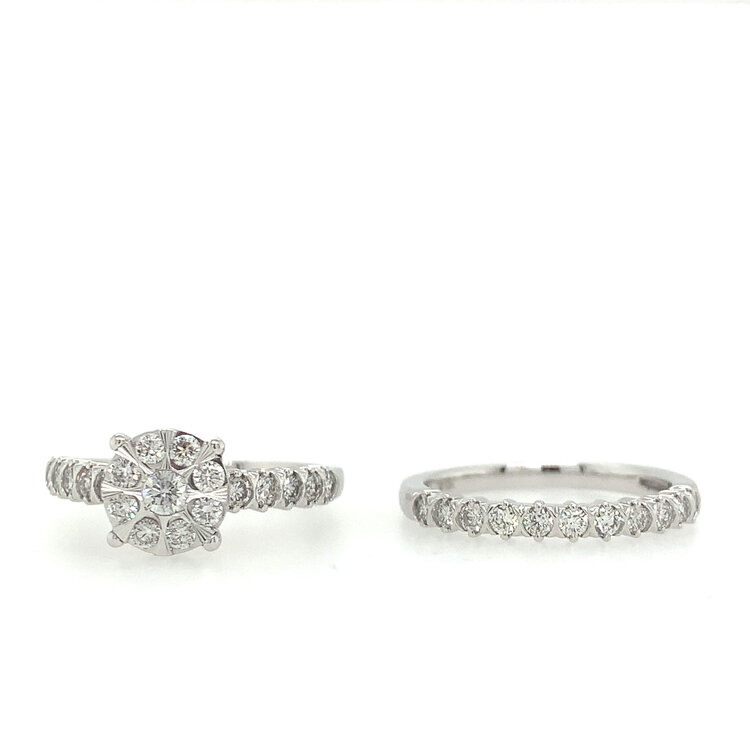 40276 10K WHITE GOLD 1TCW DIAMOND ROUND CLUSTER MIRACLE SET WITH SHARED PRONG SETTING AND MATCHING DIAMOND BAND