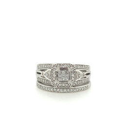 40234 10K WHITE GOLD SQUARE DOUBLE HALO .50TCW DIAMOND WITH SPLIT SHANK AND MATCHING BAND