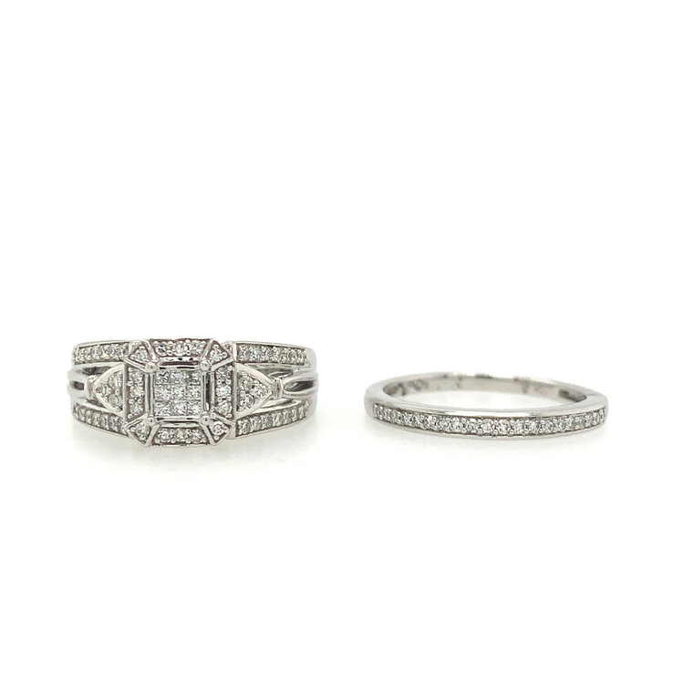 40234 10K WHITE GOLD SQUARE DOUBLE HALO .50TCW DIAMOND WITH SPLIT SHANK AND MATCHING BAND