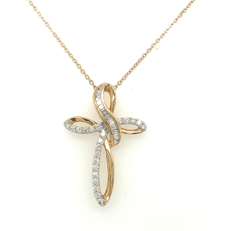 70174 14K YELLOW GOLD .50TCW BAGUETTE CHANNEL SET WITH ROUND DIAMOND SWIRL DESIGN CROSS SET
