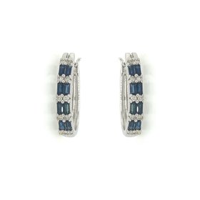 30864 14K WHITE GOLD SAPPHIRE  BAGUETTE AND ROUND DIAMOND .25TCW OVAL SHAPED HOOPS