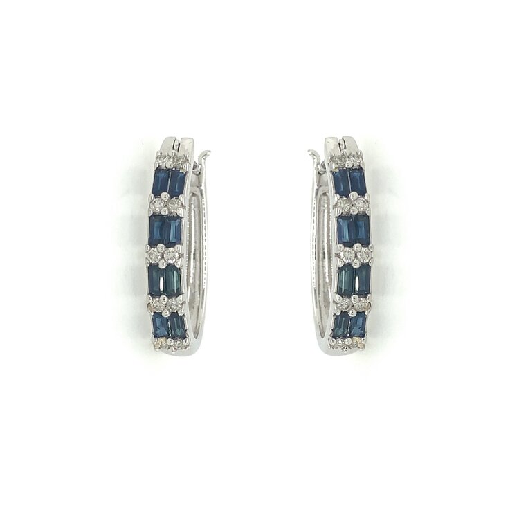 30864 14K WHITE GOLD SAPPHIRE  BAGUETTE AND ROUND DIAMOND .25TCW OVAL SHAPED HOOPS