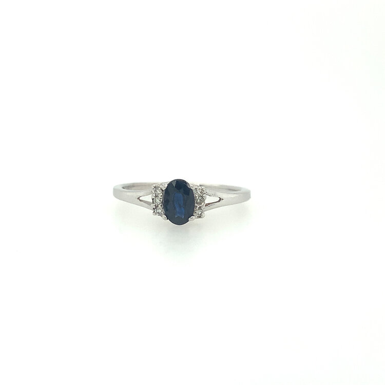 40286 14K WHITE GOLD OVAL BLUE SAPPHIRE CENTER WITH .06TCW DIAMOND SIDE STONES BIRTH STONE RING