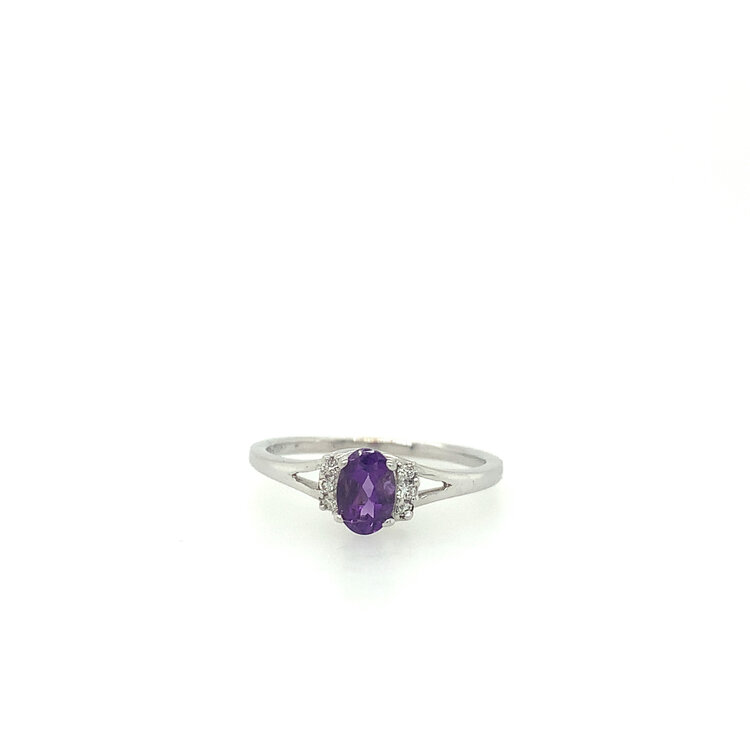 40288 14K WHITE GOLD OVAL AMETHYST CENTER WITH .06TCW DIAMOND SIDE STONES BIRTH STONE RING
