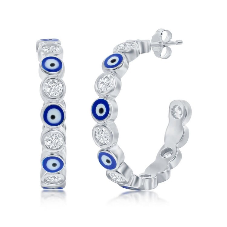 D-8352 Sterling Silver Alternating CZ & Navy Enamel Evil Eye 20mm Hoop Earrings