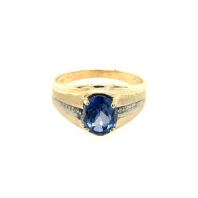 45048 14K YELLOW GOLD .02TCW SYNTHETIC CEYLON SAPPHIRE CENTER STONE WITH DIAMONDS ON THE SIDE MENS RING