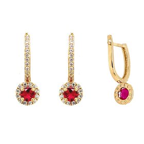 30871 14K YELLOW GOLD CUBIC ZIRCONIA HUGGIES WITH DROP HOT PINK ROUND GEMSTONE HALO