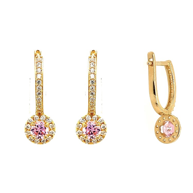 30865 14K YELLOW GOLD CUBIC ZIRCONIA HUGGIES WITH DROP PINK ROUND GEMSTONE HALO