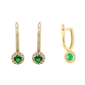 30867 14K YELLOW GOLD CUBIC ZIRCONIA HUGGIES WITH DROP GREEN ROUND GEMSTONE HALO