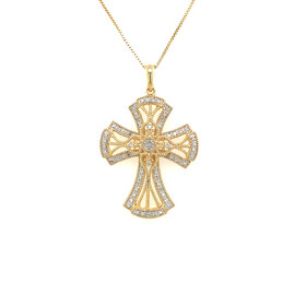 80672 STERLING SILVER GOLD PLATED .25YCW NHEART CENTER FANCY CROSS PENDANT