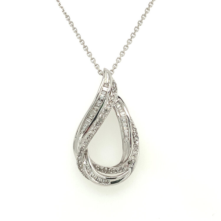 70335 10K WHITE GOLD .35TCW OPEN PEAR SWIRL SHAPE BAGUETTE AND ROUND DIAMOND PENDANT SET