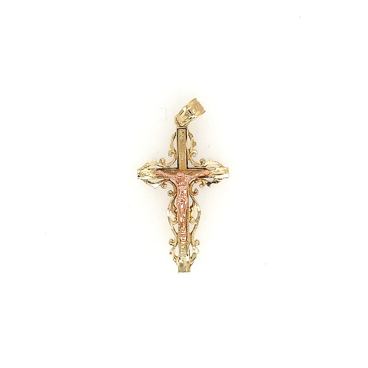 77255 14K YELLOW AND ROSE GOLD LACE TRIM CRUCIFIX 1.25''