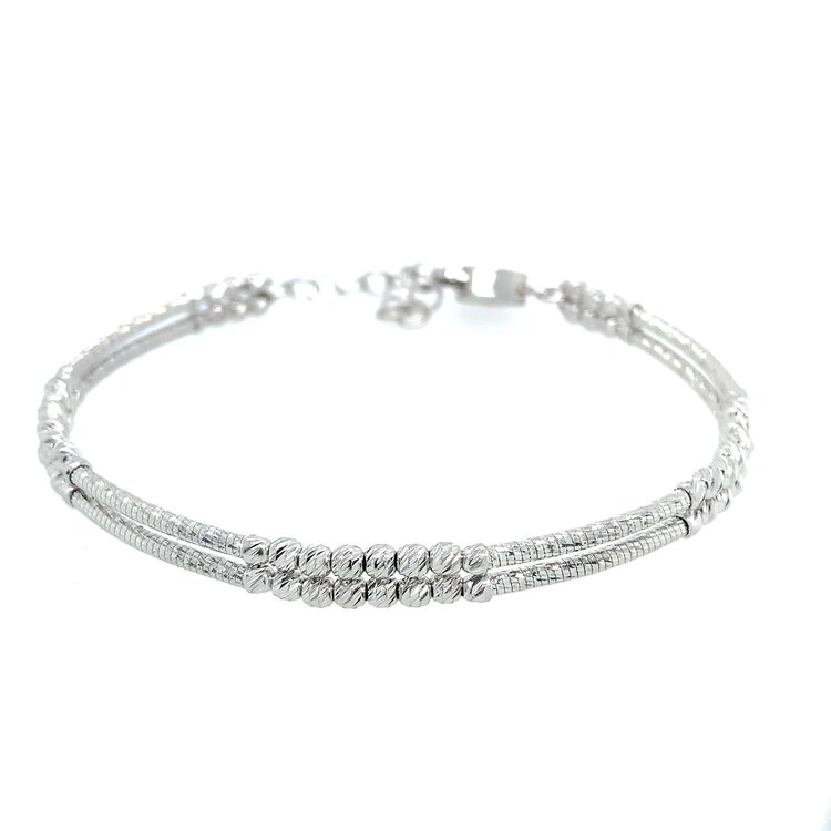 20232 14K WHITE GOLD DOUBLE ROW MOON CUT BEADS FANCY BANGLE BRACELET