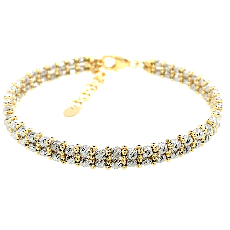 20230 14K TWO TONE DOUBLE ROW MOON CUT BEADS BAR FANCY BANGLE BRACELET