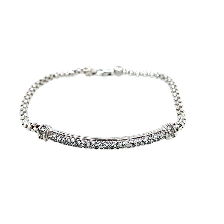 20234 14K WHITE GOLD PAVE CUBIC ZIRCONIA BAR ROUNDED BOX LINK BRACELET