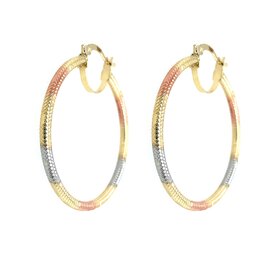 30903 14K TRI COLOR 1.15” DIAMOND CUT AND TEXTURED 2.2MM HOOPS
