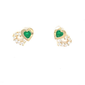 30929 14K YELLOW GOLD DOUBLE HEART WHITE AND GREEN CUBIC ZIRCONIA SCREW BACK STUDS