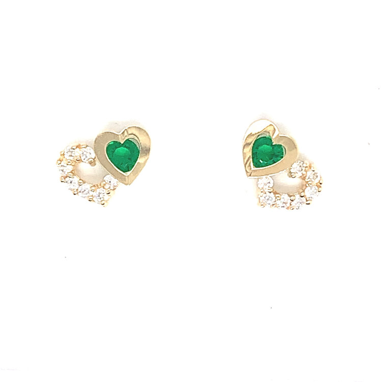 30929 14K YELLOW GOLD DOUBLE HEART WHITE AND GREEN CUBIC ZIRCONIA SCREW BACK STUDS