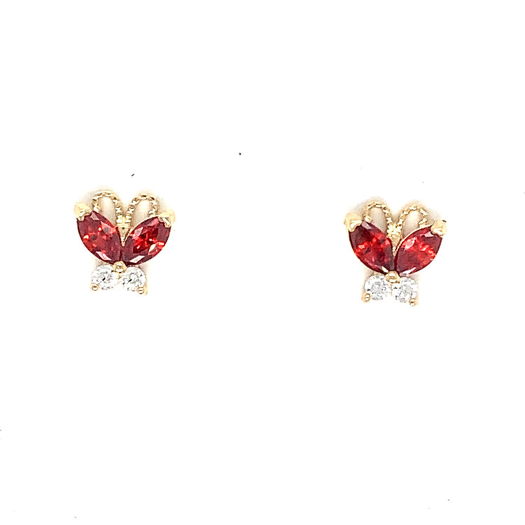 30931 14K YELLOW GOLD WHITE AND RED CUBIC ZIRCONIA BUTTERFLY SCREW BACK STUDS 6MM