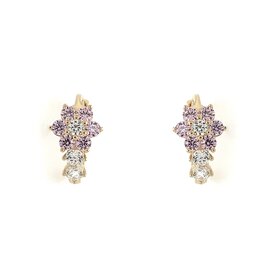 30946 14K YELLOW GOLD PINK AND CLEAR CUBIC ZIRCONIA FLOWER ON SMALL HUGGIES