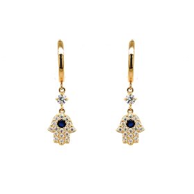 30938 14K YELLOW GOLD CUBIC ZIRCONIA HANGING HAMSA DANGLING EARRINGS