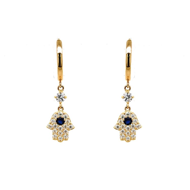 30938 14K YELLOW GOLD CUBIC ZIRCONIA HANGING HAMSA DANGLING EARRINGS